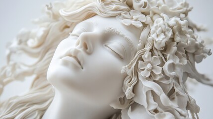 A marble sculpture of a Greek goddess with intricate details and soft lighting