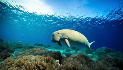 A dugong is swimming in the ocean