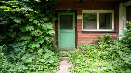 old green door surrounded by creeping vines and overgrown plants