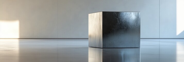 A minimalist cube sculpture with a reflective metallic surface