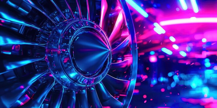 Jet engine is shown in a neon blue and purple background
