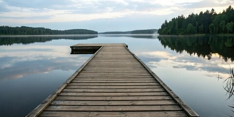 Naklejka premium a wooden dock extends over the calm surface of a quiet lake, lake reflection, forest surroundings, natural scenery, serenity, wooden dock