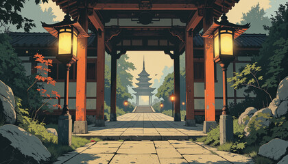 Tranquil Japanese temple entrance with lanterns and serene garden, harmony