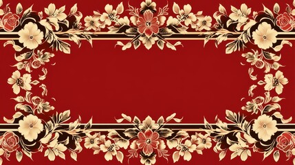 Elegant Floral Border Design, Red Background, Gold Accents