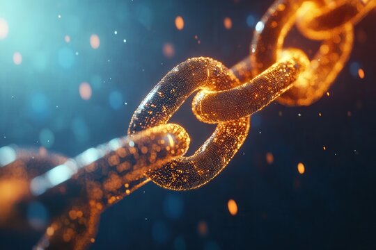 Glowing chain links, dark background, digital art, security concept - Powered by Adobe