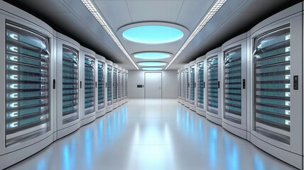 Fototapeta premium High tech data center with rows of servers and glowing blue lights