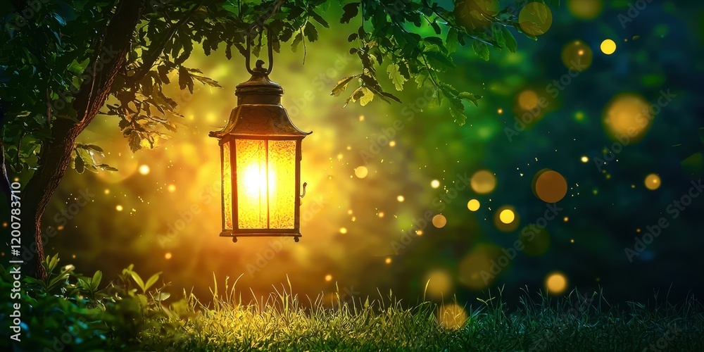 Poster lantern is hanging from a tree