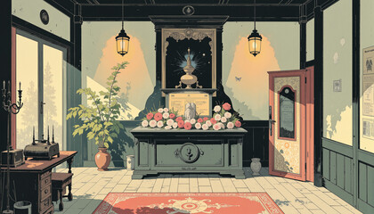 Elegant memorial altar adorned with roses in historical setting, remembrance