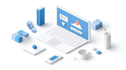 Digital workspace with laptop, cloud storage, and office items