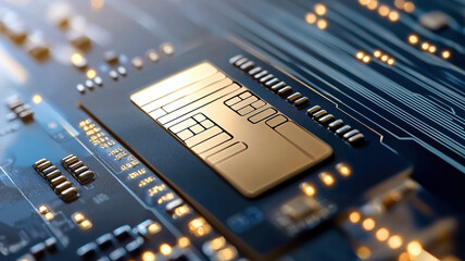 Digital credit card with secure data lock on circuit board background