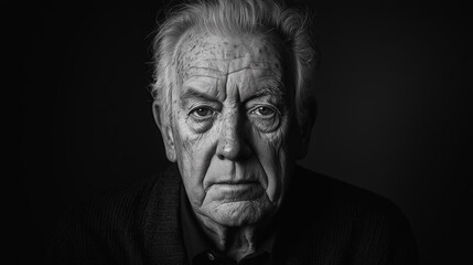 Obraz premium black and white portrait of elderly man with deep wrinkles and serious expression, highlighting his wisdom and experience. lighting emphasizes texture of his skin and depth of his gaze