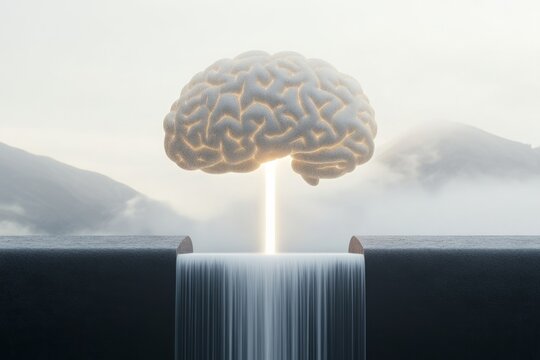 Retrain your brain concept. A surreal brain above a waterfall with misty mountains in the background.