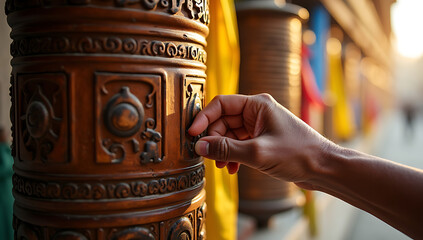 A close-up of a Buddhist prayer wheel being spun by a hand, with golden light reflecting on the intricate carvings and prayer flags fluttering softly in the background.

