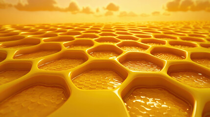 Obraz premium Surreal Honeycomb Landscape with Stretching Cells Under a Soft Golden Sky at Dusk