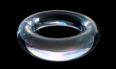 Iridescent glass torus on black background.