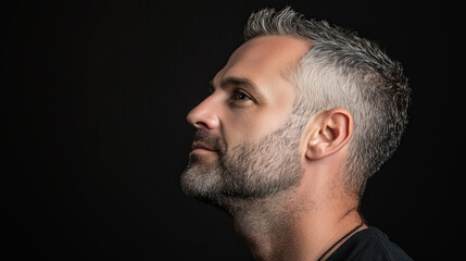 Obraz premium man with gray hair and beard is captured in profile against dark background, showcasing thoughtful expression. studio lighting highlights his facial features and hair texture