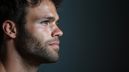 Fototapeta premium creative studio portrait of man in profile, showcasing thoughtful expression against dark background. lighting highlights his facial features and textured hair, creating dramatic effect