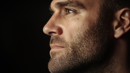 Obraz premium close up profile portrait of man with beard, set against dark background, highlighting his thoughtful expression