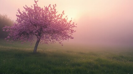 Obraz premium Misty Dawn, Cherry Blossom: A solitary cherry tree in full bloom stands serenely in a misty field as the sun rises, casting a soft pink glow on the blossoms.