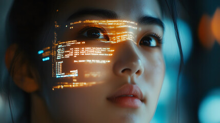 Glowing code lines project onto a young womans face, suitable for technology, coding, futuristic, and digital concepts in design.