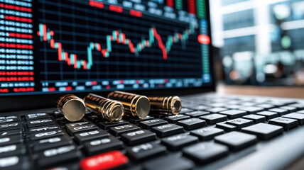 Stock market graph with batteries on laptop keyboard, showing trends