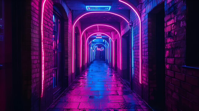 Neon-lit tunnel corridor with purple and blue lights, Urban city alley with futuristic glowing neon arches, A neon-lit alleyway with a hidden security checkpost

