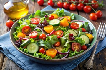 A vibrant salad made with mixed greens, cherry tomatoes, cucumber, and carrots, topped with a citrus vinaigrette dressing, cherry tomatoes, carrots, wholesome meal, nutritious food