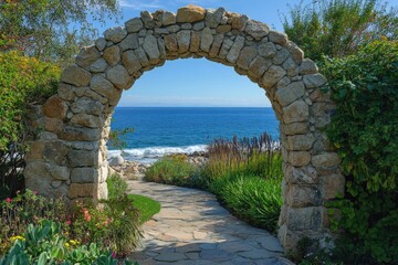 A natural stone arch framing a view of the ocean waves beyond
