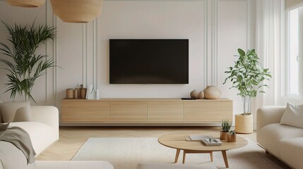 Modern Living Room Interior Design: A stylish and minimalist living room featuring a large flat-screen TV mounted on a wooden wall unit, flanked by potted plants.