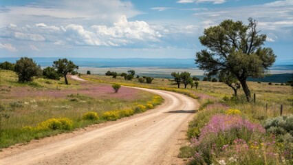 A winding dirt road that disappears into the horizon lined with wildflowers and sparse trees, natural beauty, serene landscapes, wilderness areas, countryside
