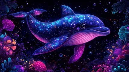 Celestial Dolphin A cosmic marvel swimming amidst nebulae and astral flora