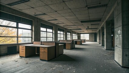 Abandoned office space with dark concrete walls and empty desks, dark concrete, vacant space, empty desks