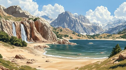 Obraz premium Serene mountain lake nestled in a secluded cove, waterfalls cascading down rocky cliffs