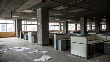 Abandoned office space with dark concrete walls and empty desks, empty desks, dark concrete