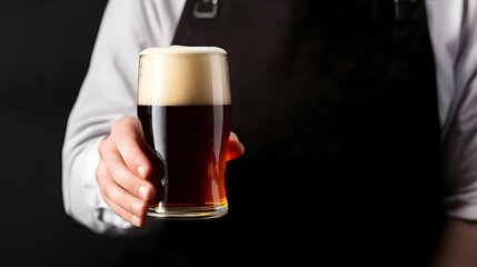 Bartender hand offering a pint of dark beer.