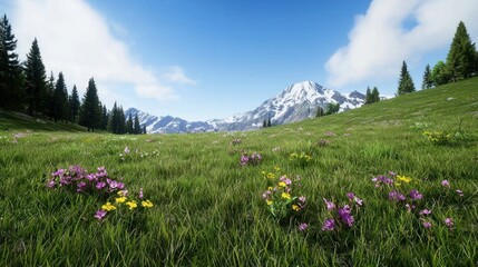 Obraz premium Scenic mountain landscape with vibrant wildflowers in a meadow.