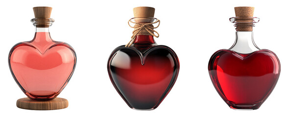 Heart-Shaped Glass Bottles with Liquid on Transparent Background