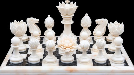 Elegant Lotus Chess Set on Marble Board, Black Background