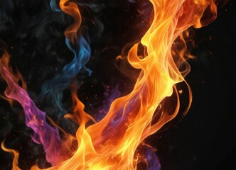 Abstract flames with vibrant colors on black background, colorful warmth, expressive sparks