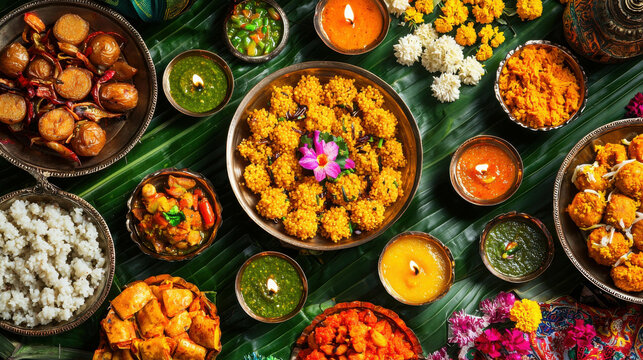 Vibrant Festive Indian Navratri Feast Featuring Assorted Traditional Dishes and Delicacies