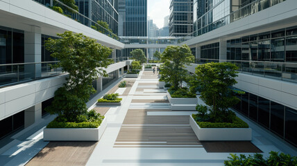 Environmentally friendly cityscape with modern architecture and greenery