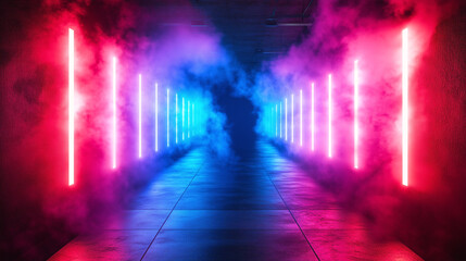 futuristic neon laser corridor with vibrant red and blue smoke effects