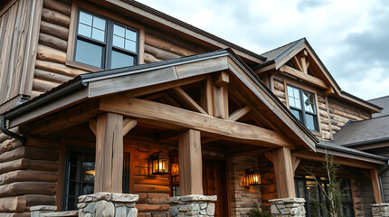 Rustic Log Cabin Home with Stone Porch and Timber Beams - Mountain Architecture