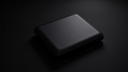 Majestic black square device perched on a glossy, shadowed surface; subtle light dances on its right edge, enhancing its sleek form and mysterious aura