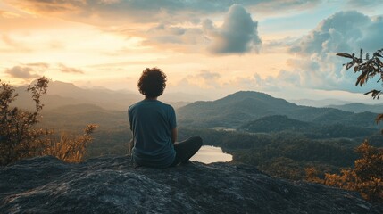 Obraz premium Solitude, peace, and contemplation on a mountaintop with a breathtaking sunset view