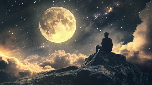 Silhouette of a man sitting on a rock under the bright moonlight.