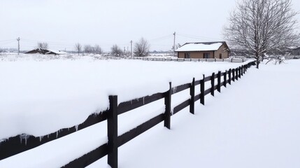 Snowy Field and Farmhouse