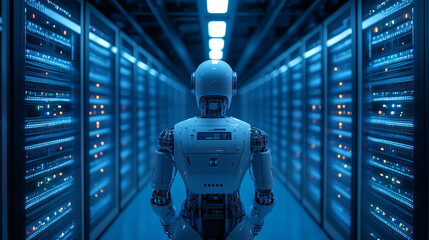 futuristic robotic ai in a neon lit data center corridor