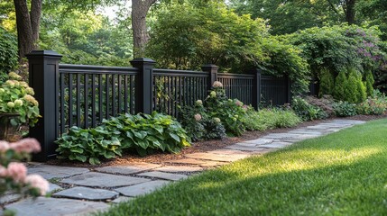 Fototapeta premium Landscaped garden path, stone walkway, black fence.