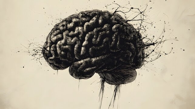 A detailed artistic rendering of a human brain exploding